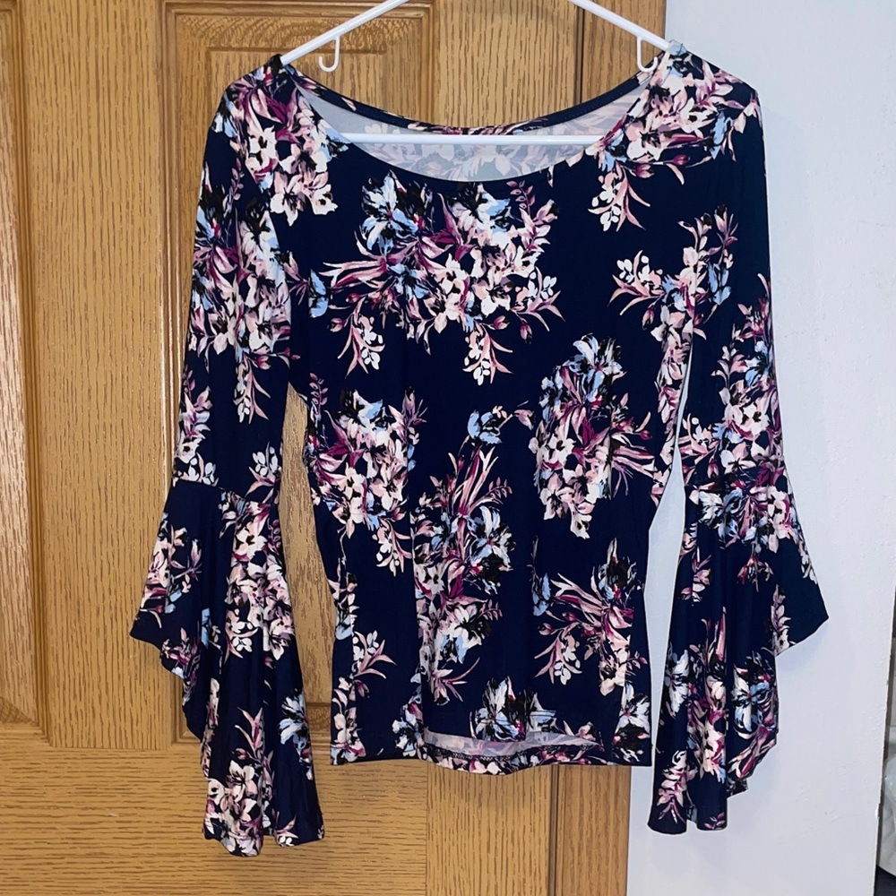 Like New, Floral Bell Sleeve Top - Navy Blue, Purple and White